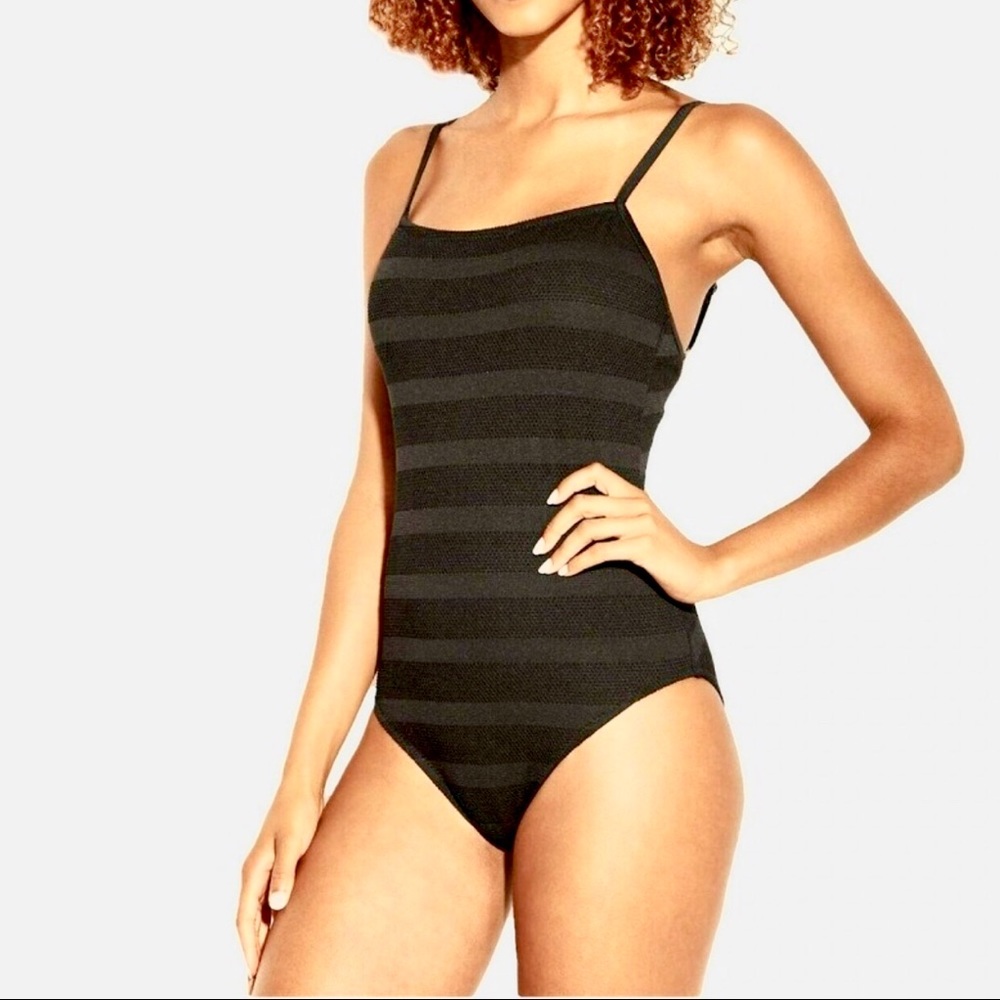 Shade & Shore Black Striped One Piece Lace Up Back Swimsuit Medium